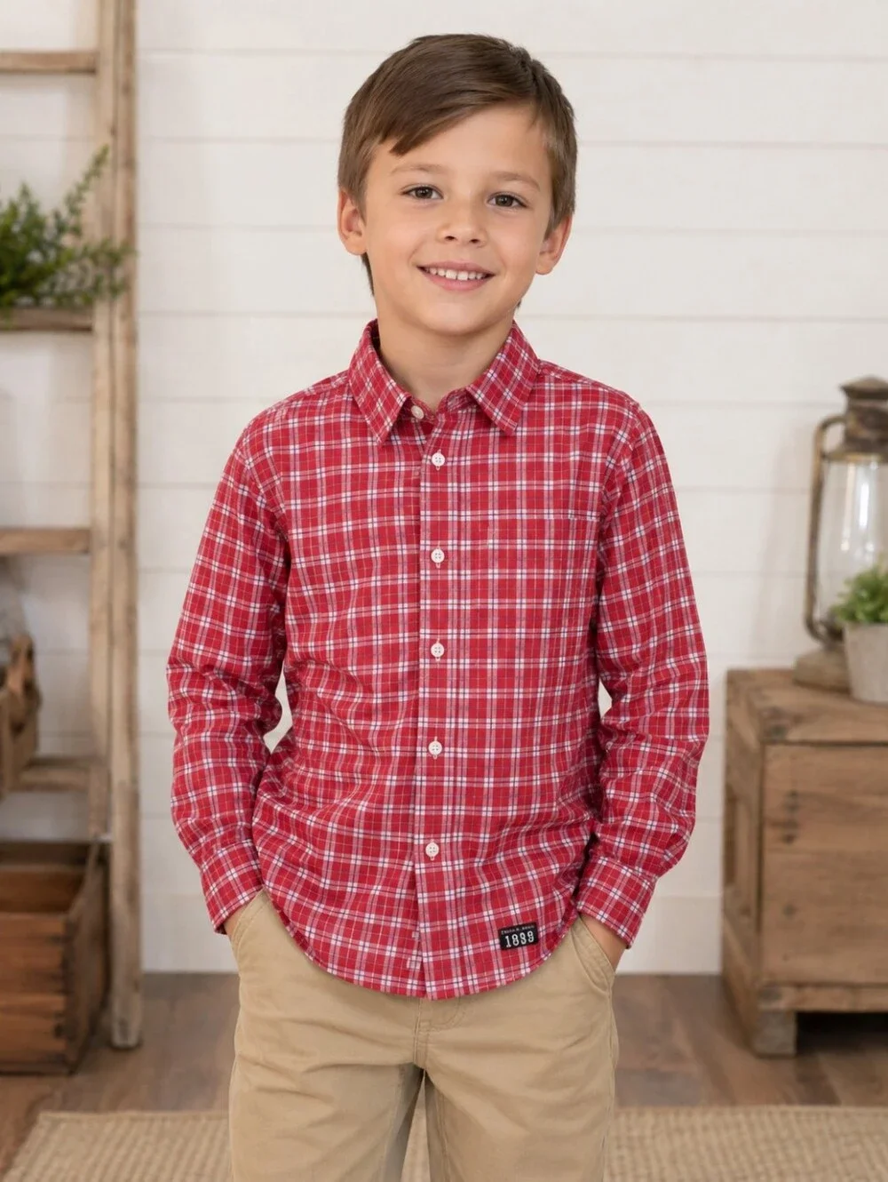 Brooks Brothers Boys Red Plaid Long Sleeve Button Down Shirt Size Small Holiday